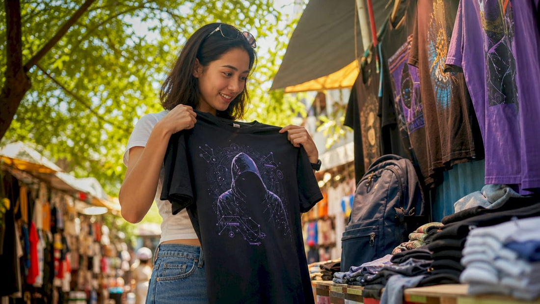 Collector examining rare developer graphic tee