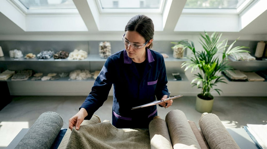 Textile engineer inspecting recycled fabric rolls