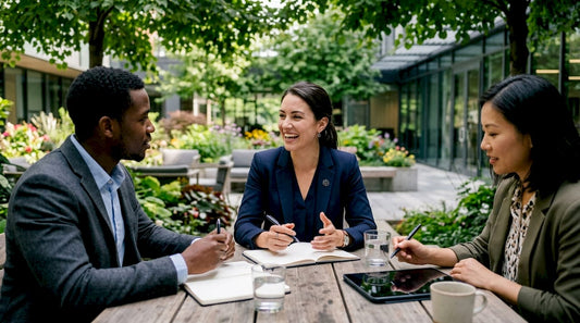 Woman in logoed jacket distracts colleagues in meeting