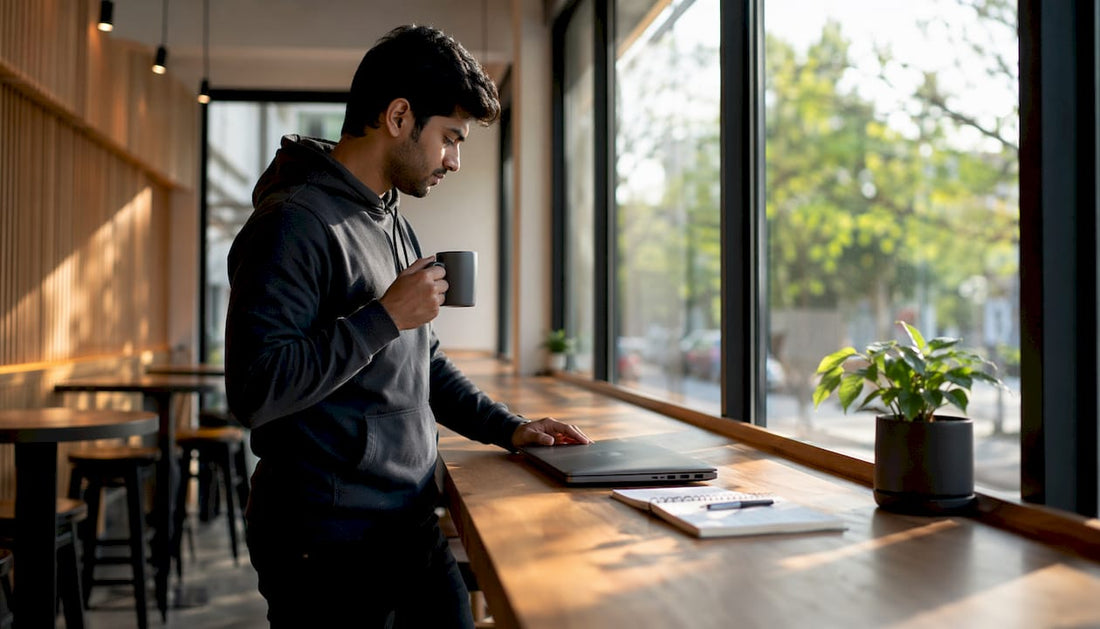 Developer in hoodie coding at standing desk