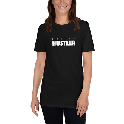 A woman wearing The Coding Hustler t-shirt by DevHero